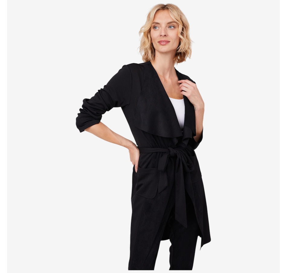 Image 219882_BLK.jpg, Product 219-882 / Price $79.88, Isaac Mizrahi Ponte & Faux Suede Drape Cardigan from Isaac Mizrahi New York on TSC.ca's Fashion department
