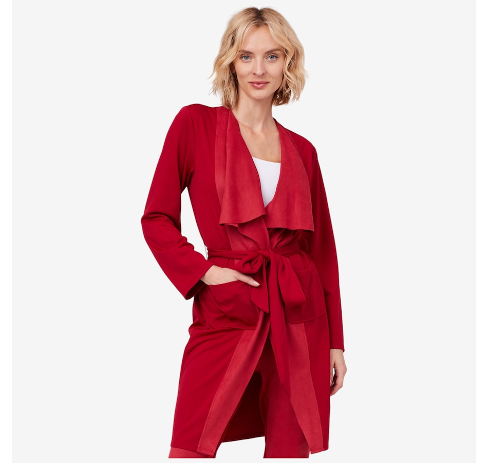 Image 219882_BRG.jpg, Product 219-882 / Price $79.88, Isaac Mizrahi Ponte & Faux Suede Drape Cardigan from Isaac Mizrahi New York on TSC.ca's Fashion department