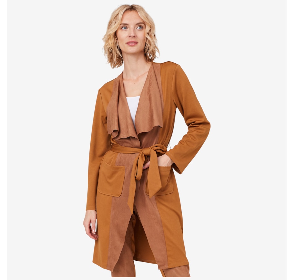 Image 219882_MOC.jpg, Product 219-882 / Price $79.88, Isaac Mizrahi Ponte & Faux Suede Drape Cardigan from Isaac Mizrahi New York on TSC.ca's Fashion department