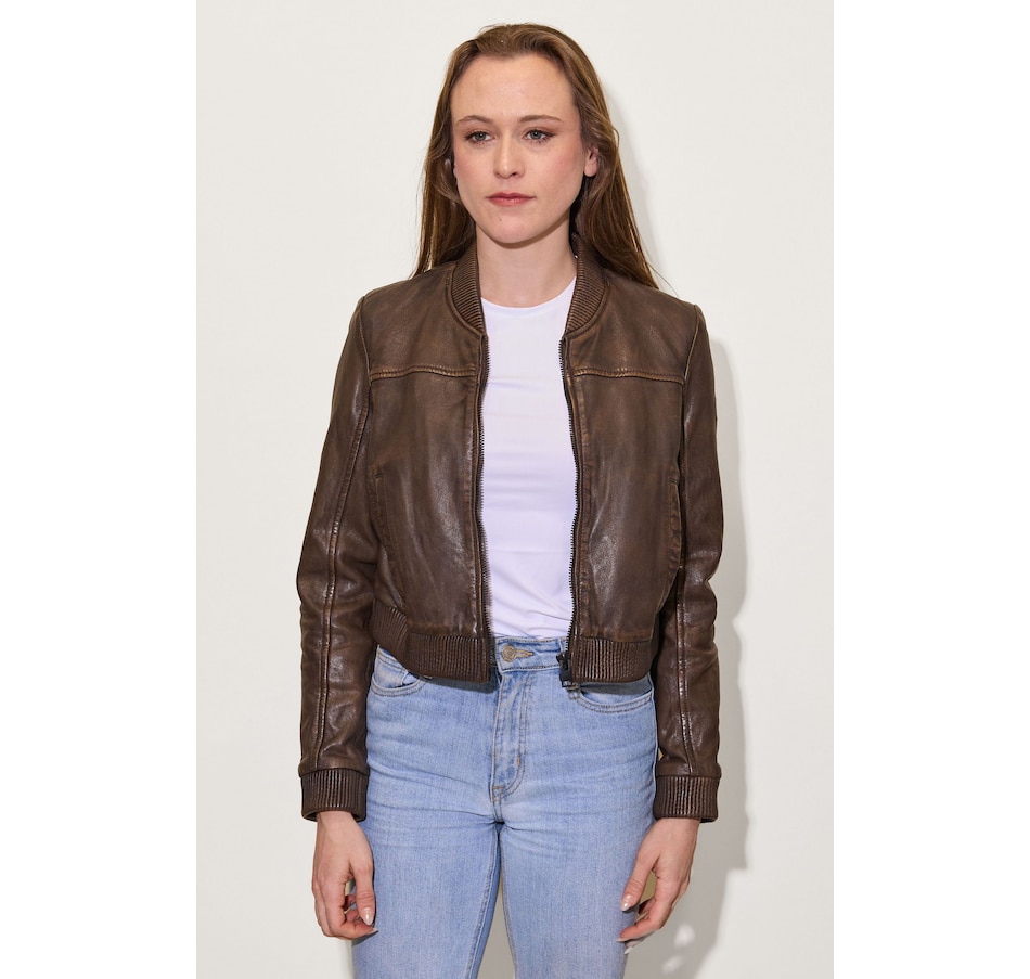Image 220526_BRN.jpg, Product 220-526 / Price $280.00, Mauritius Leather Crop Bomber Jacket from Mauritius on TSC.ca's Fashion department