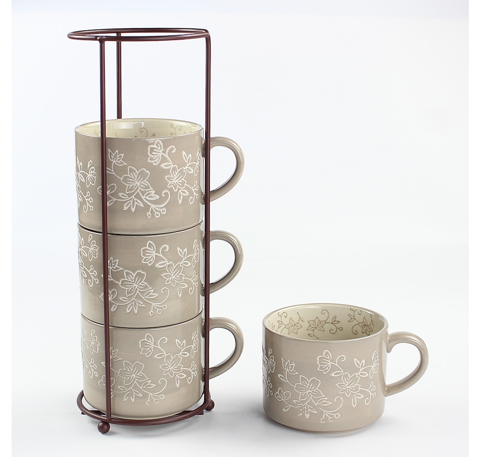 Temp-tations Set of (4) 14oz Stackable Mugs wit h Wire Rack 