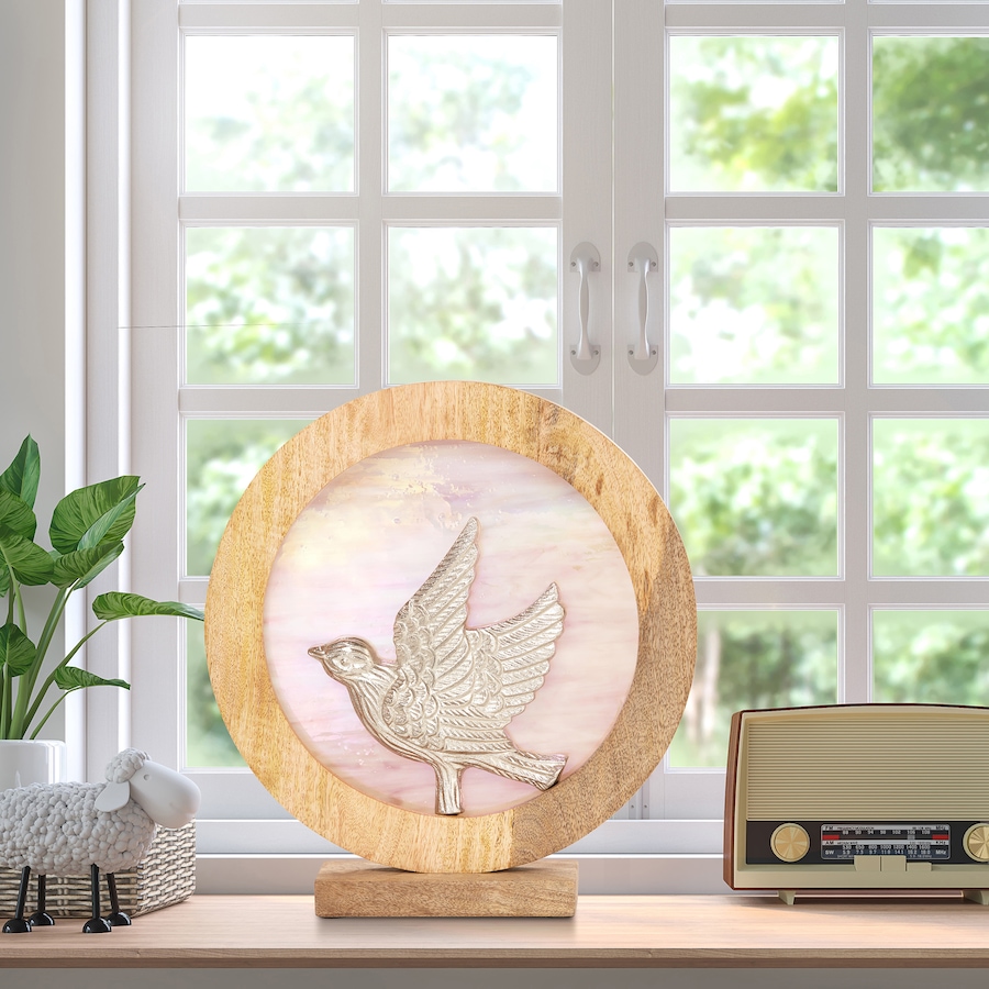 Image 221166_ALTMORE7.jpg, Product 221-166 / Price $59.88, Tiffany Style 14"W Bird Theme Round Decorative Stained Glass and Metal Stand with Wood Frame from Tiffany Style Lighting on TSC.ca's Home & Garden department