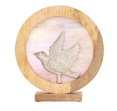 Tiffany Style 14"W Bird Theme Round Decorative Stained Glass and Metal Stand with Wood Frame 