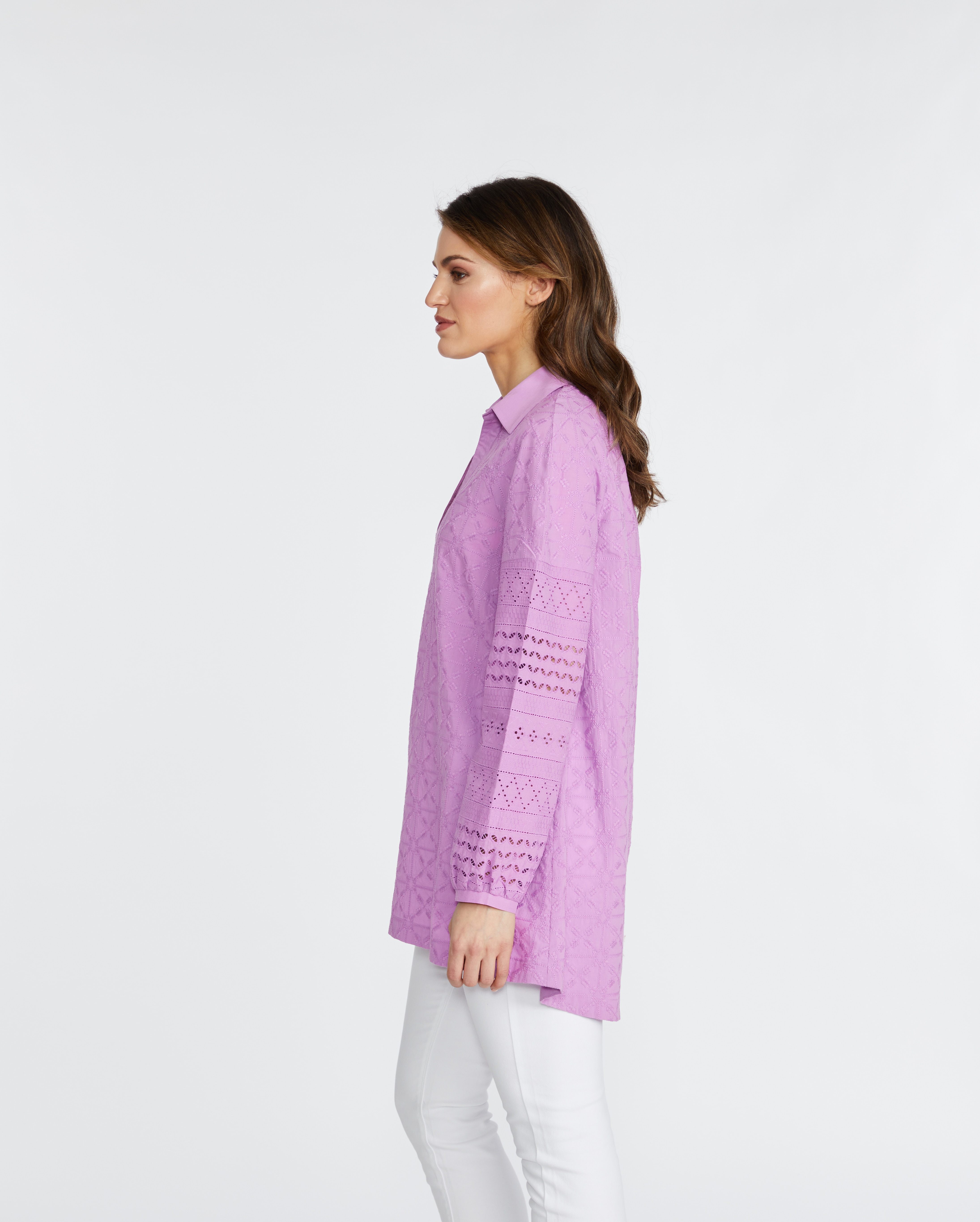 Badgley Mischka Cotton Eyelet Shirt With Embroidered Sleeve Detail