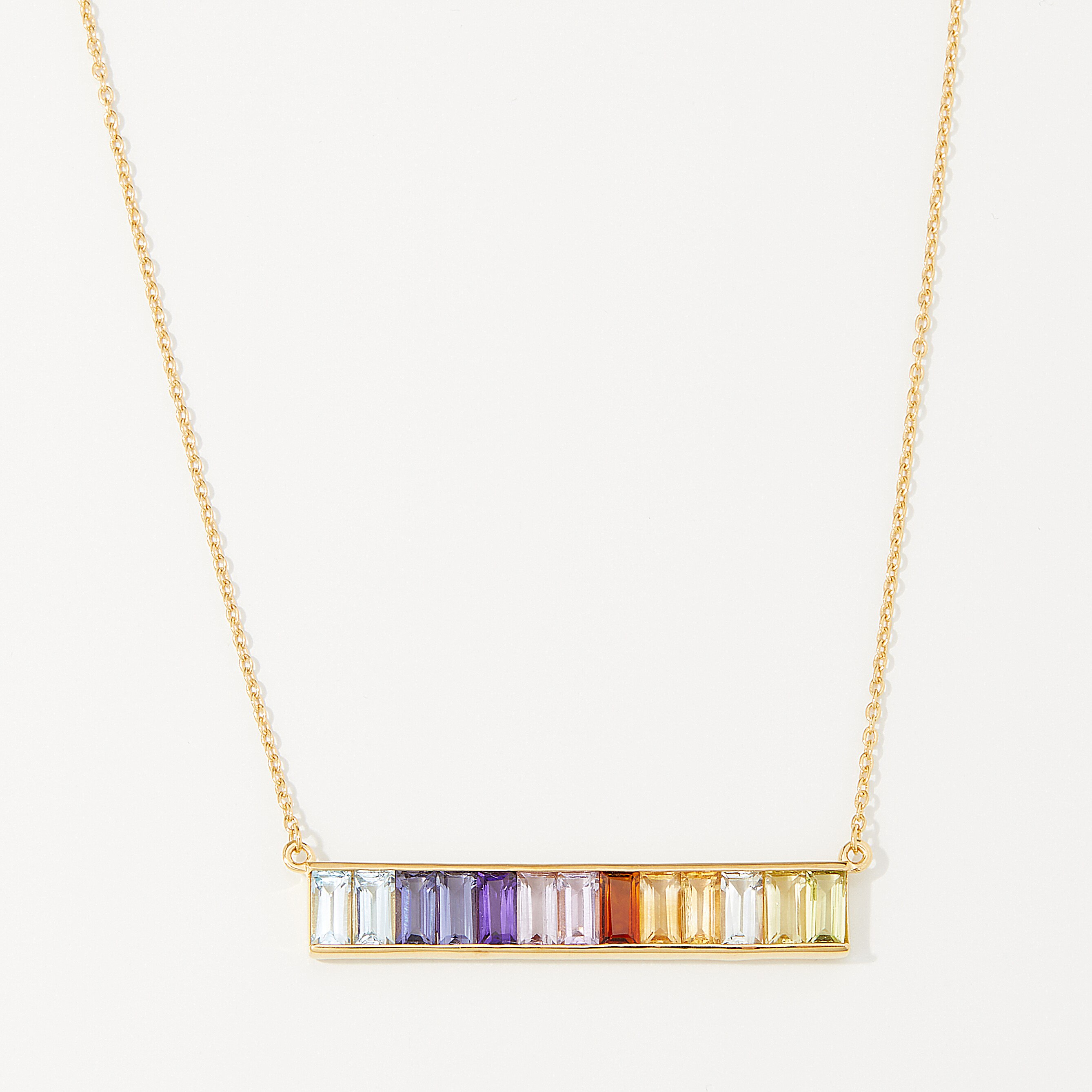 Gem Reflections Sterling Silver Yellow Gold Plate Baguette Cut Multi Gemstone Bar Necklace
