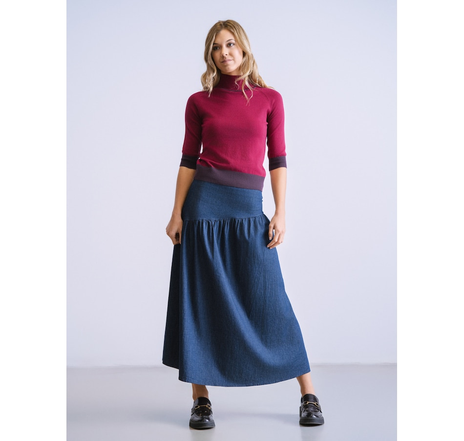 Image 222305_ALTMORE1.jpg, Product 222-305 / Price $140.00, Why Not Flat Front Denim Skirt with Asymmetrical Waist from Why Not on TSC.ca's Fashion department