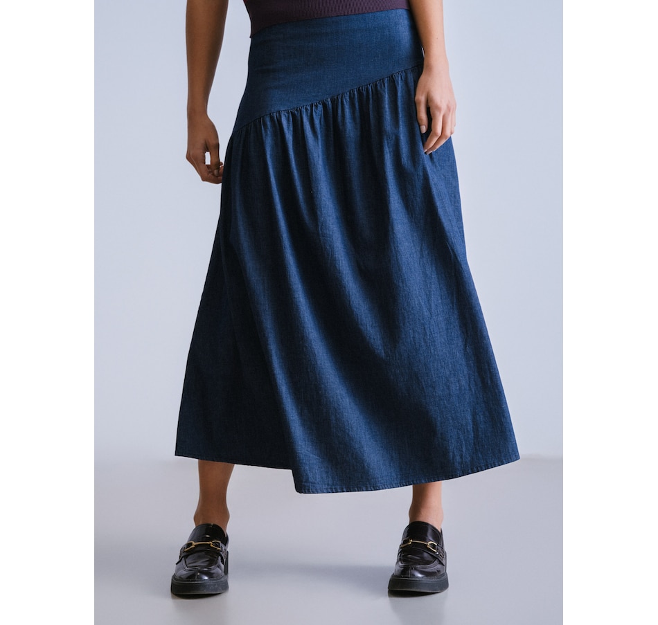Image 222305_DID.jpg, Product 222-305 / Price $140.00, Why Not Flat Front Denim Skirt with Asymmetrical Waist from Why Not on TSC.ca's Fashion department