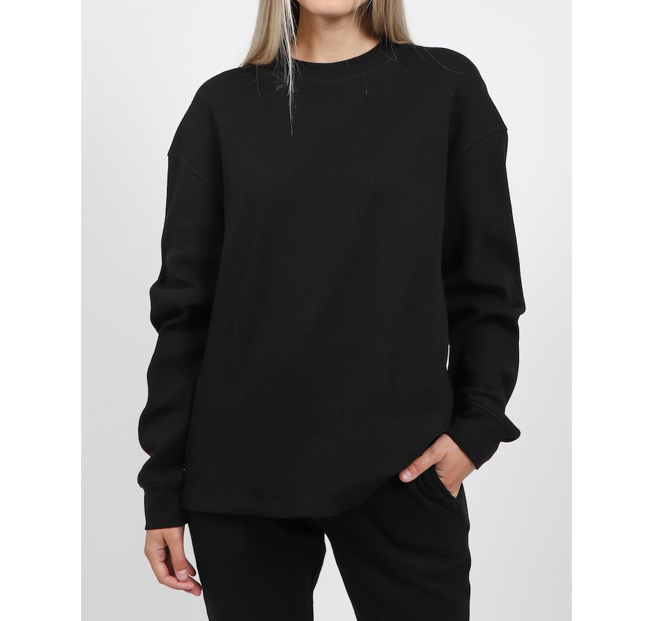 Image 222545_BLK.jpg, Product 222-545 / Price $50.00, Brunette The Label Long Sleeve Boxy Waffle Knit Tee from Brunette The Label on TSC.ca's Fashion department