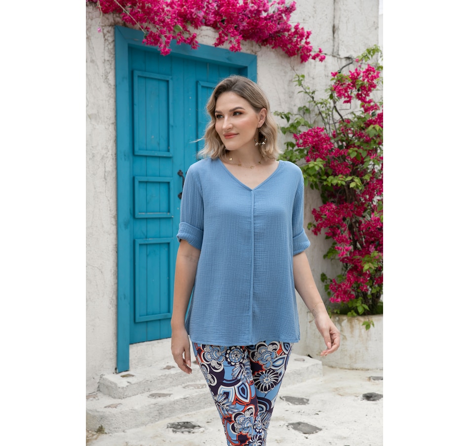 Image 222602_BLU.jpg, Product 222-602 / Price $79.99, Orange Fashion Village Cotton Gauze Elbow Sleeve Top from Orange Fashion Village on TSC.ca's Clothing & Shoes department