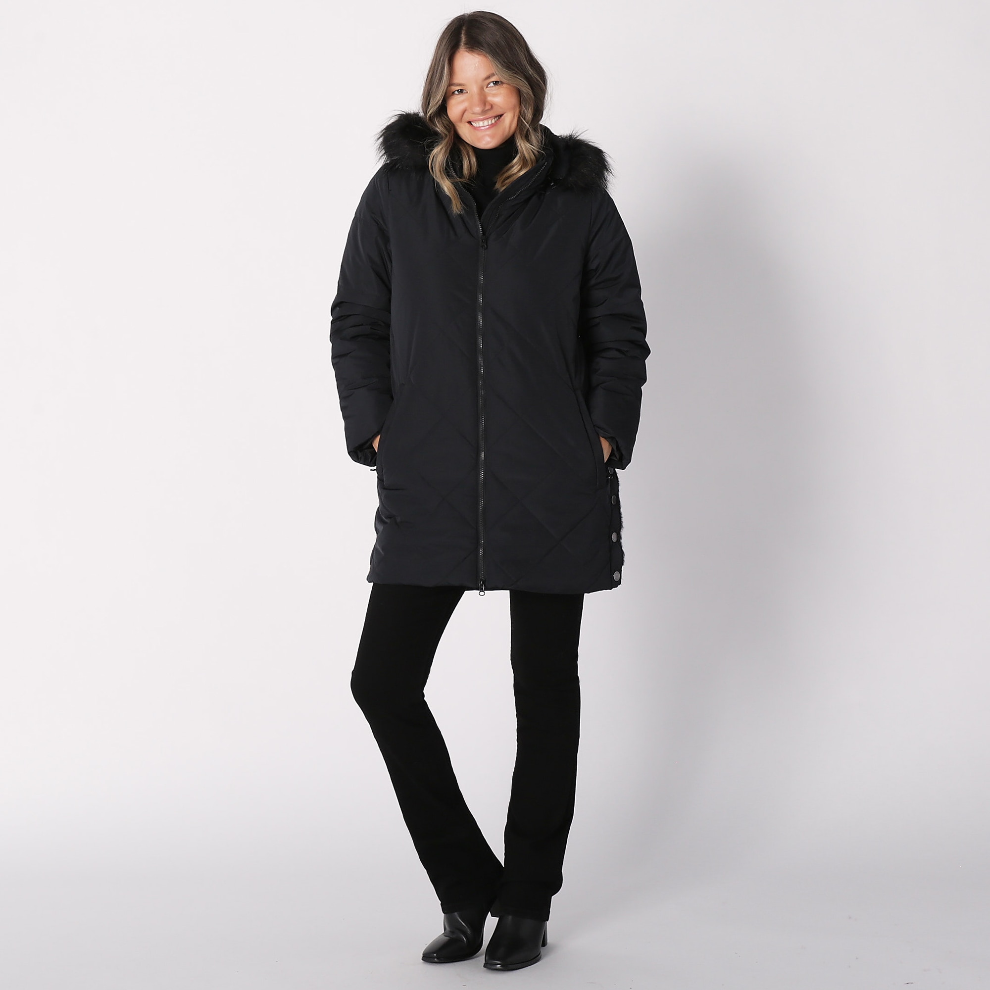 Nuage Ladies Diamond Quilted Long Jacket With Removable Faux Fur Hood
