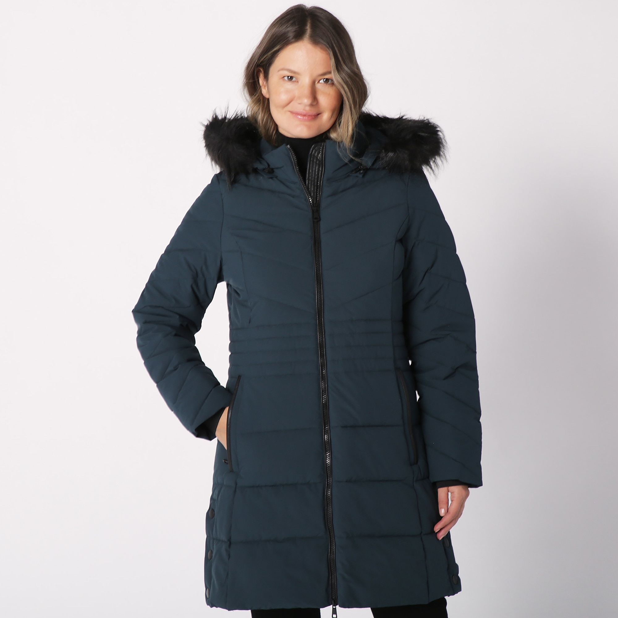 Nuage stretch puffer coat with removable hood & store faux fur