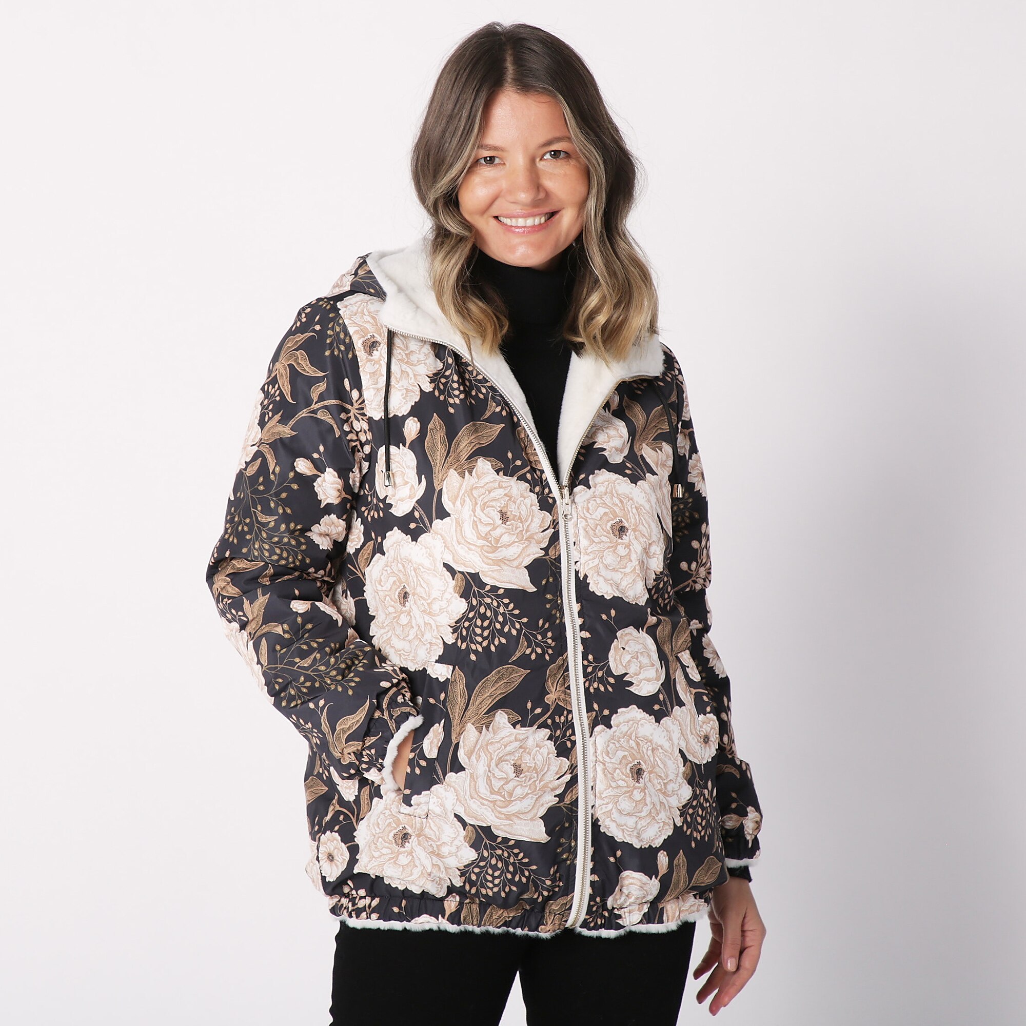 Nuage Ladies Reversible Zip Front Faux Fur Coat With Fixed Hood