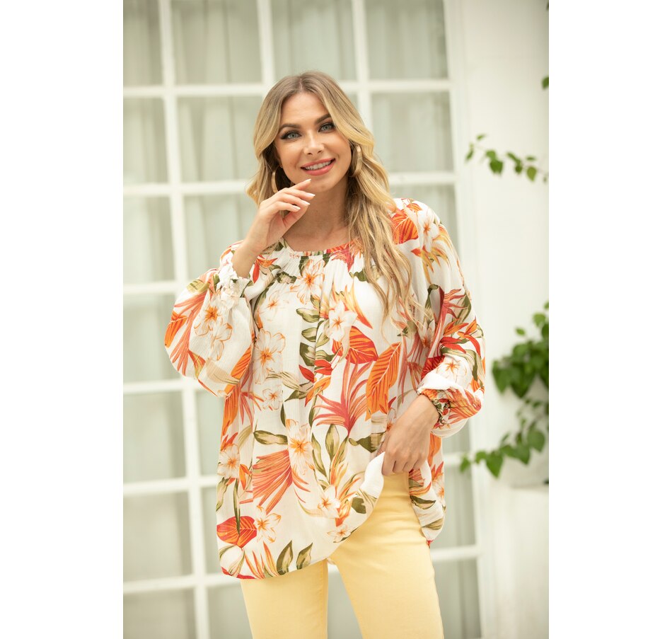 Image 222869_ALTMORE3.jpg, Product 222-869 / Price $62.00, Orange Fashion Village Printed Blouse With Elastic Cuff Sleeve from Orange Fashion Village on TSC.ca's Fashion department