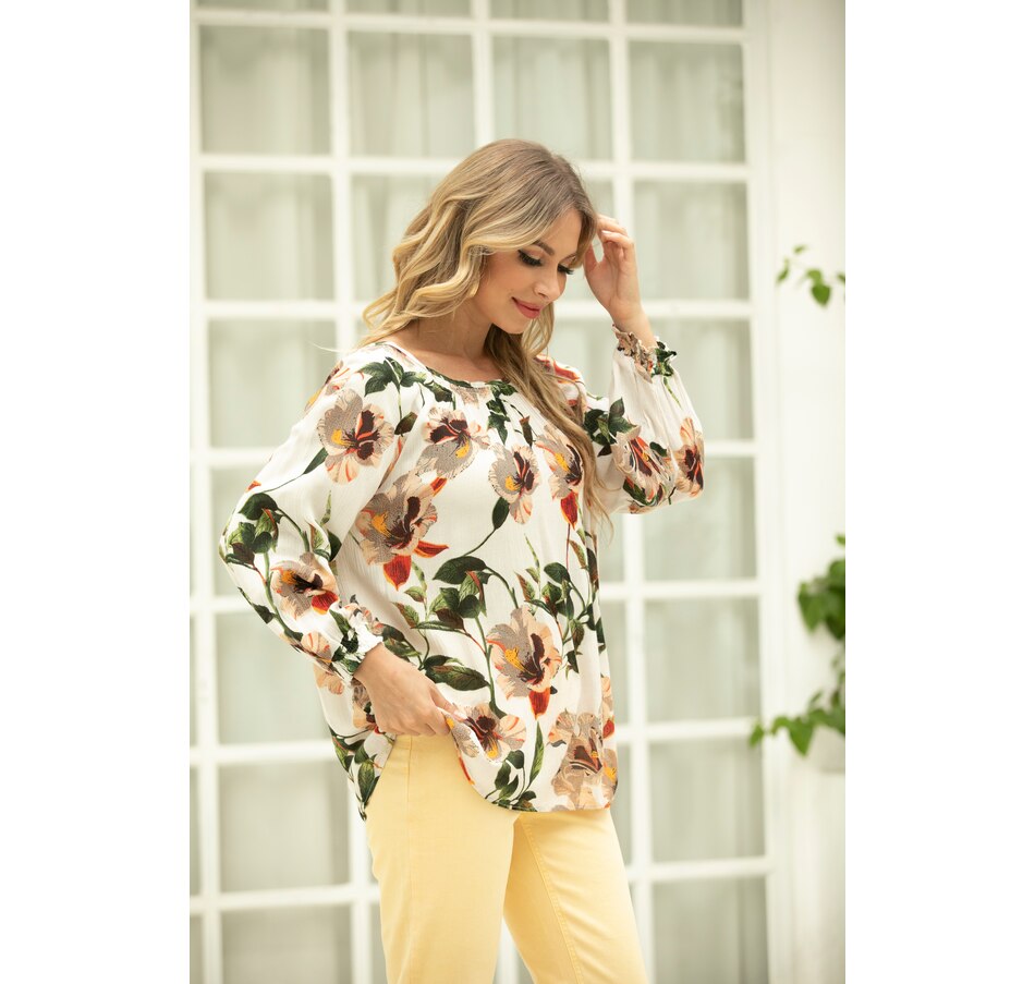 Image 222869_GRFR.jpg, Product 222-869 / Price $62.00, Orange Fashion Village Printed Blouse With Elastic Cuff Sleeve from Orange Fashion Village on TSC.ca's Fashion department