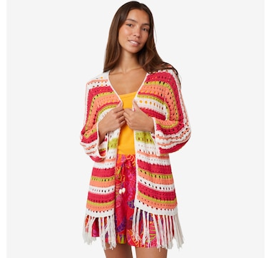 Product 223-046 / Price $89.00 , claudia ev 3/4 Sleeve Fringed Hem Open Stitch Cardigan