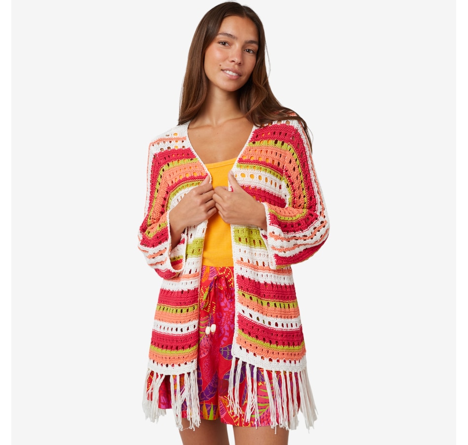 claudia ev 3/4 Sleeve Fringed Hem Open Stitch Cardigan