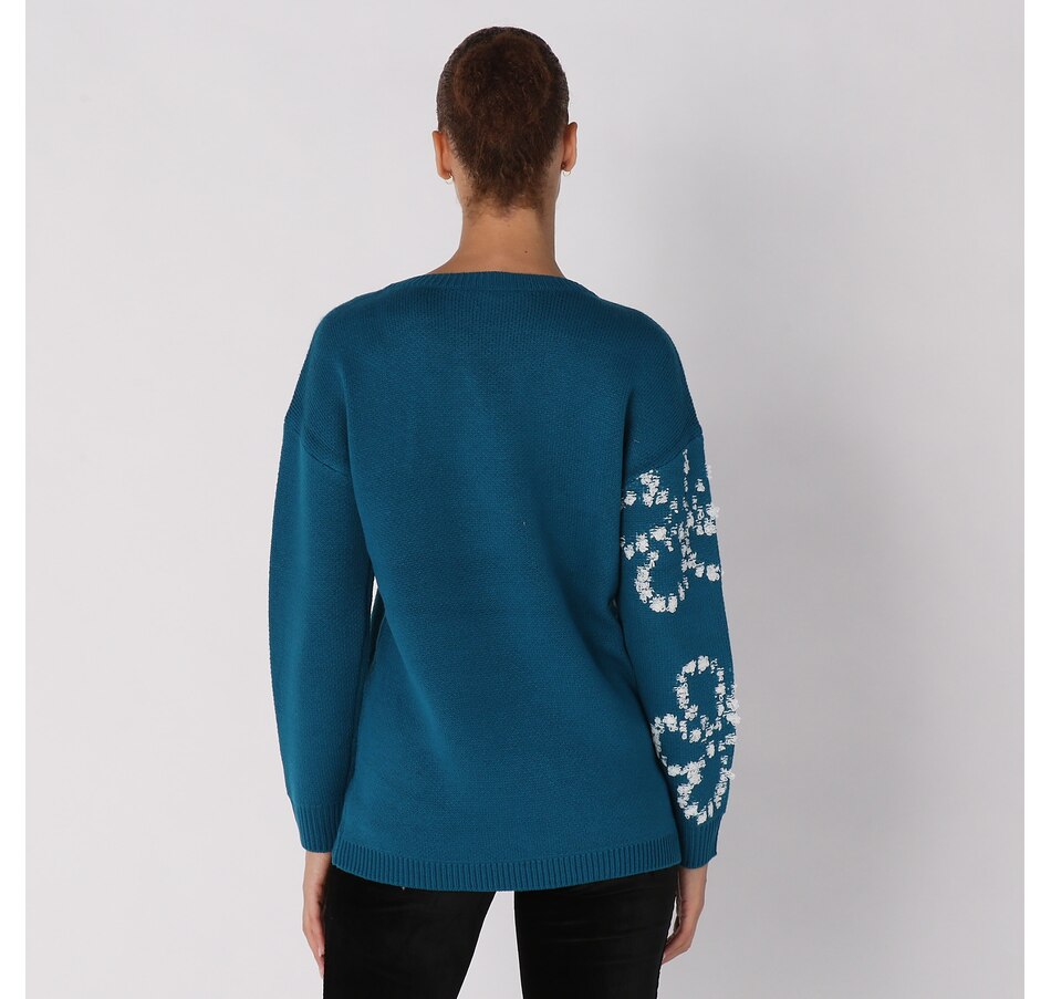 Nina Leonard Pullover Sweater with Embroidered Sleeves