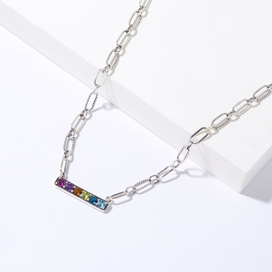 Image 225058_ALTMORE1.jpg, Product 225-058 / Price $219.99, Samuel B Collection Sterling Silver Multi Gemstone Bar Paperclip Necklace from Samuel B. Collection on TSC.ca's Jewellery department