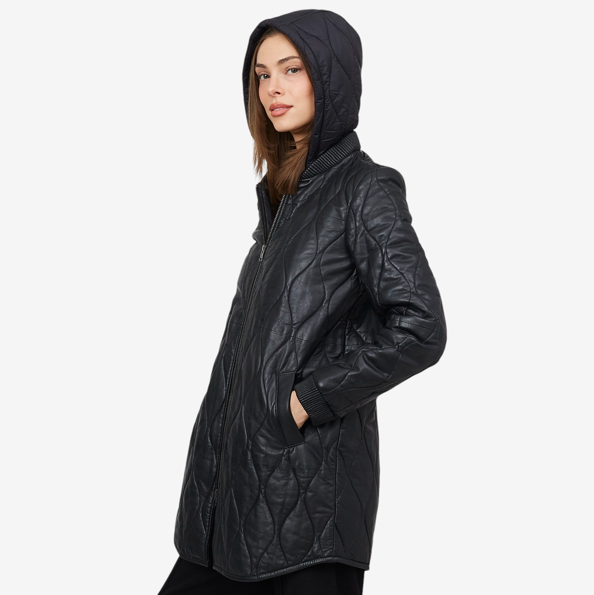 Mauritius Arjeta Long Quilted Leather Puffer with Removable Hood