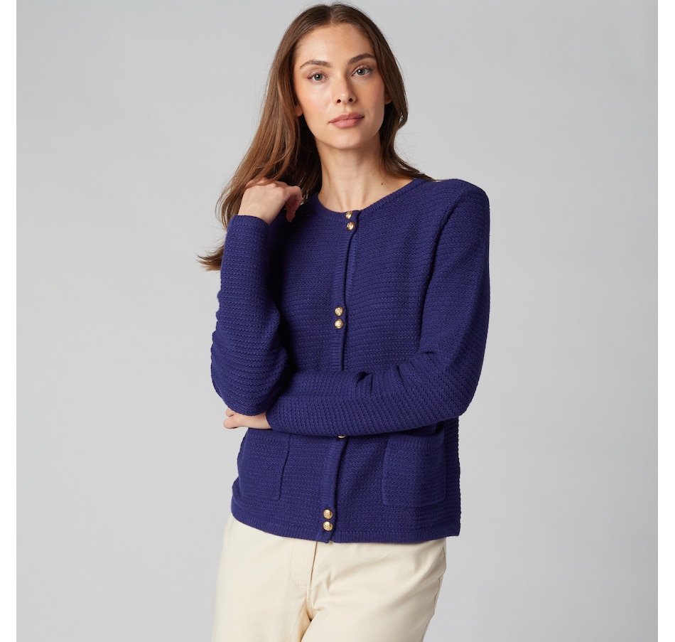 Image 225123_ALTMORE1.jpg, Product 225-123 / Price $29.33, Isaac Mizrahi Lightweight Knit Gold Button Cardigan from Isaac Mizrahi New York on TSC.ca's Fashion department