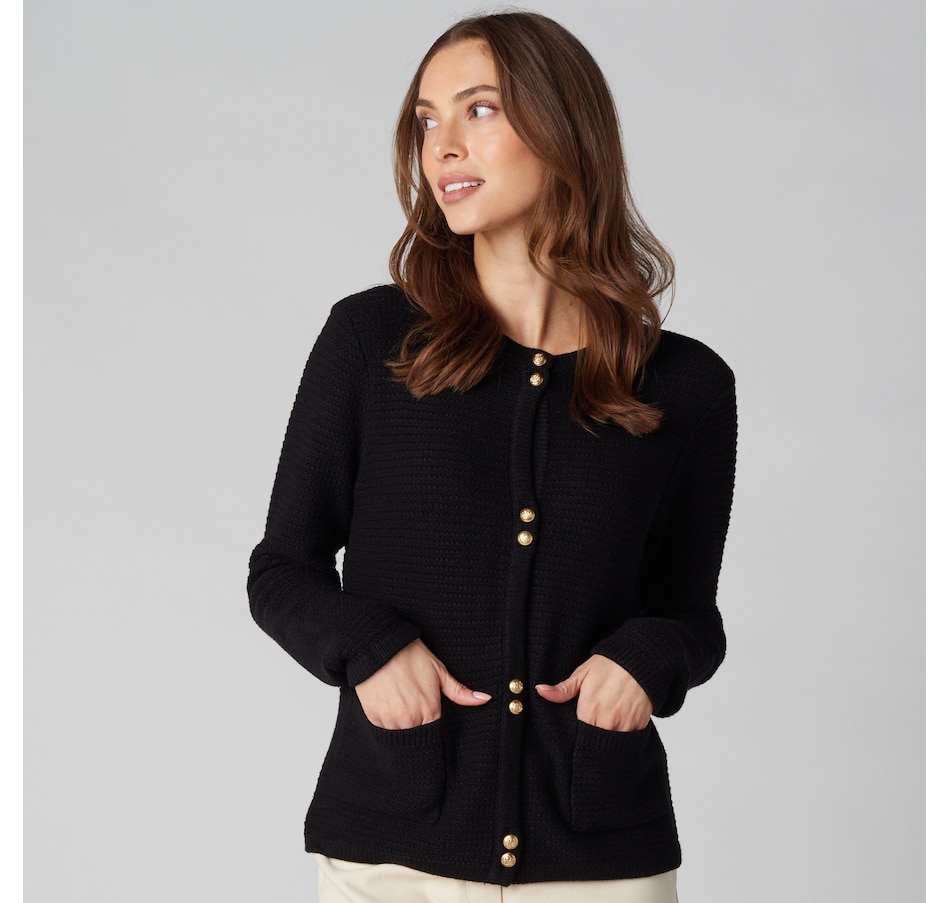 Image 225123_BLK.jpg, Product 225-123 / Price $29.33, Isaac Mizrahi Lightweight Knit Gold Button Cardigan from Isaac Mizrahi New York on TSC.ca's Fashion department