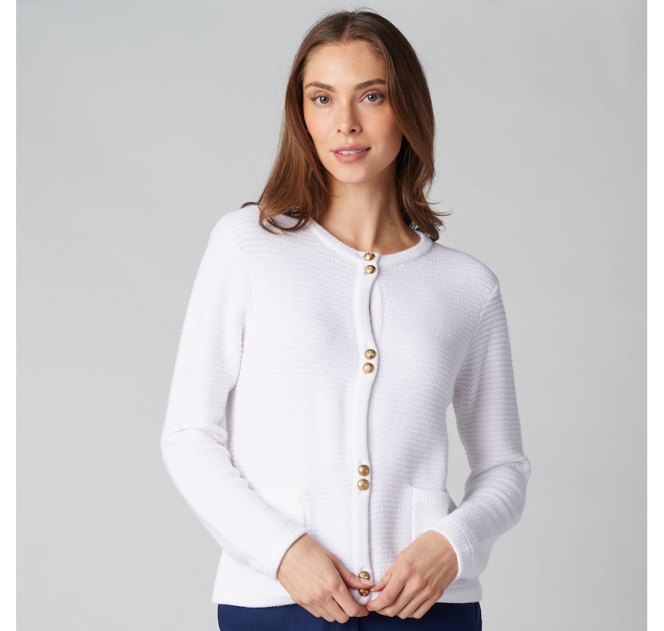 Image 225123_WHT.jpg, Product 225-123 / Price $29.33, Isaac Mizrahi Lightweight Knit Gold Button Cardigan from Isaac Mizrahi New York on TSC.ca's Fashion department