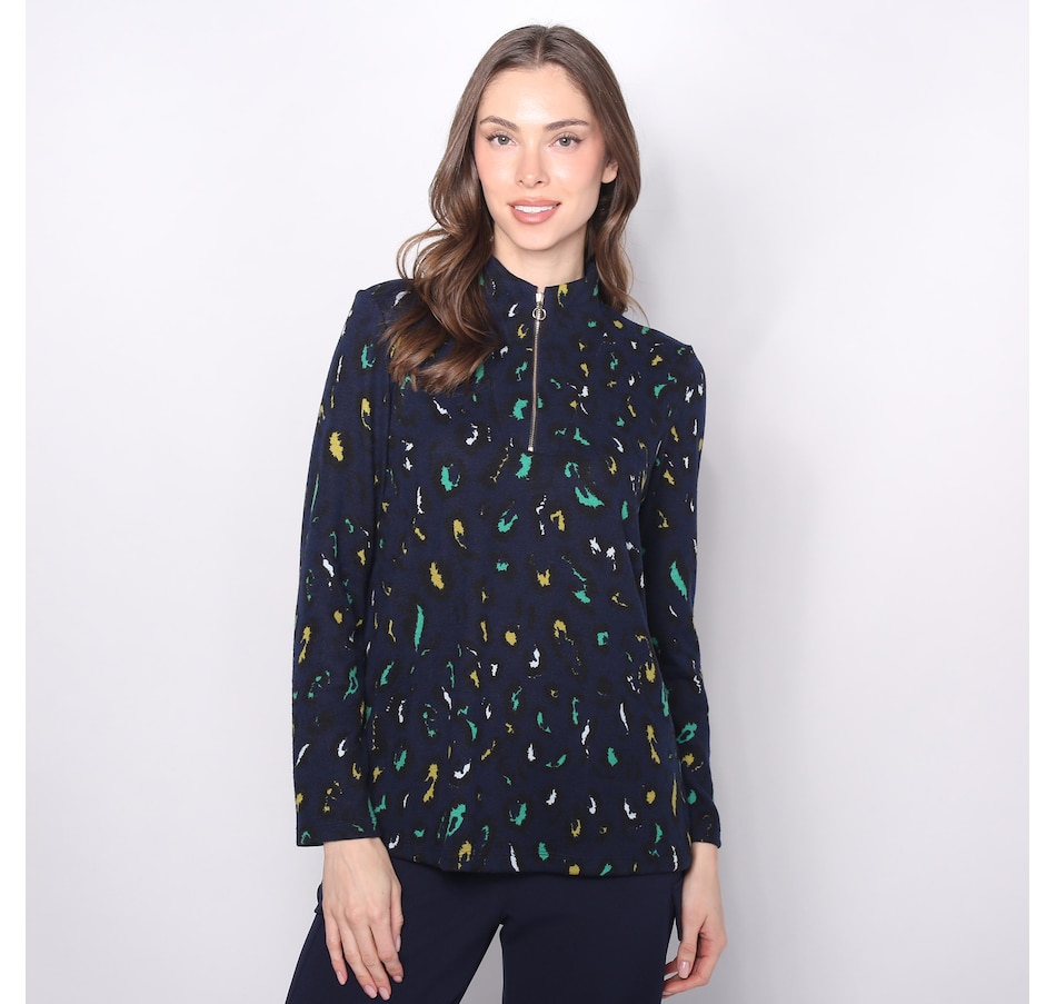 Image 225134_NVYAN.jpg, Product 225-134 / Price $19.33, Kim & Co. Printed Foil Soft Touch Zip Detail Top from Kim & Co. on TSC.ca's Fashion department