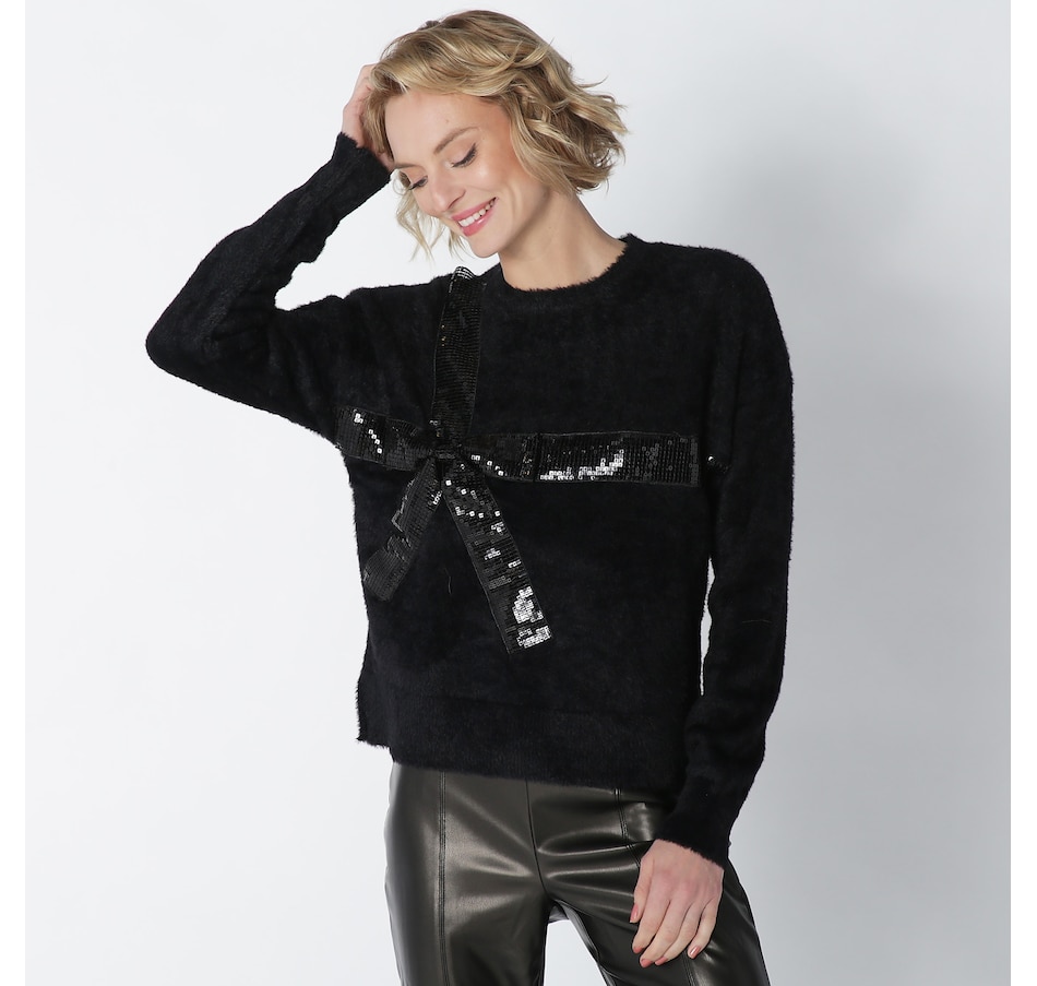 Image 225300_BLK.jpg, Product 225-300 / Price $79.88, Badgley Mischka Eyelash Sweater With Sequin Bow from Badgley Mischka on TSC.ca's Clothing & Shoes department