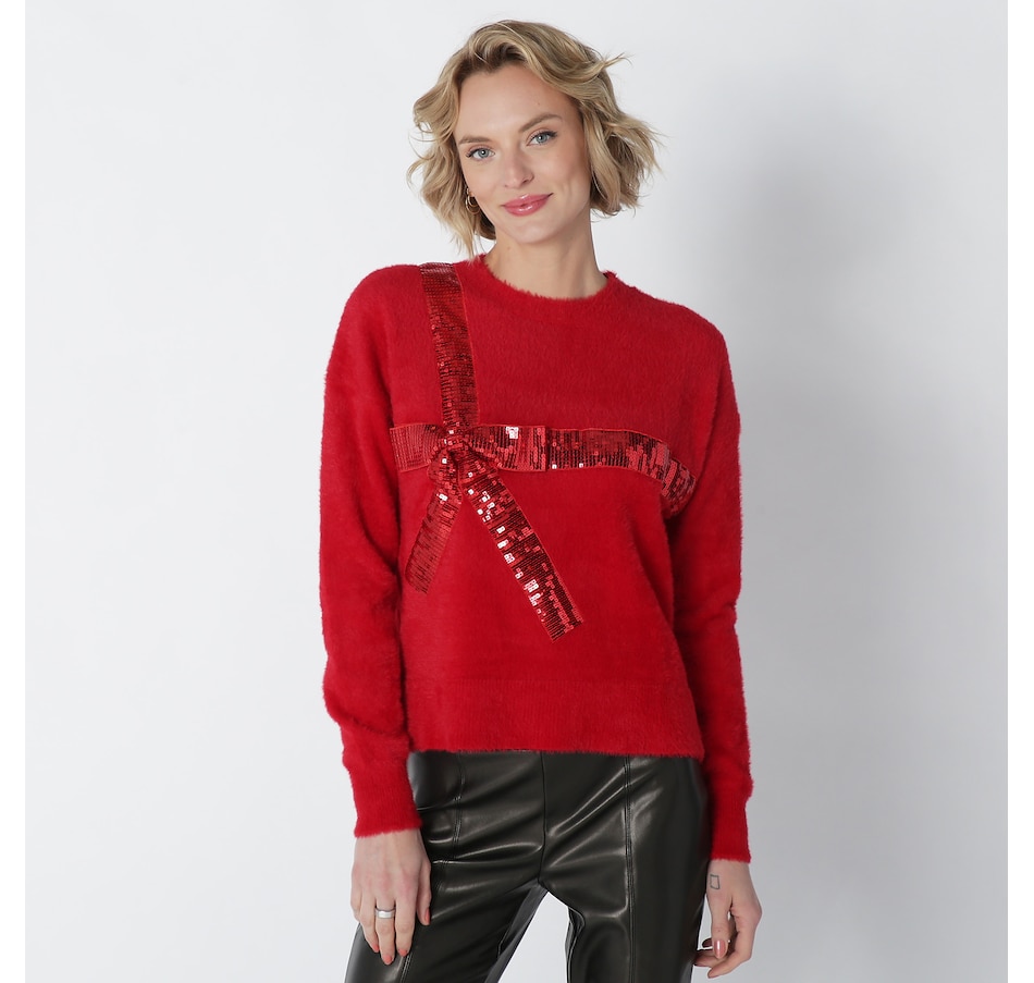 Image 225300_RED.jpg, Product 225-300 / Price $79.88, Badgley Mischka Eyelash Sweater With Sequin Bow from Badgley Mischka on TSC.ca's Clothing & Shoes department