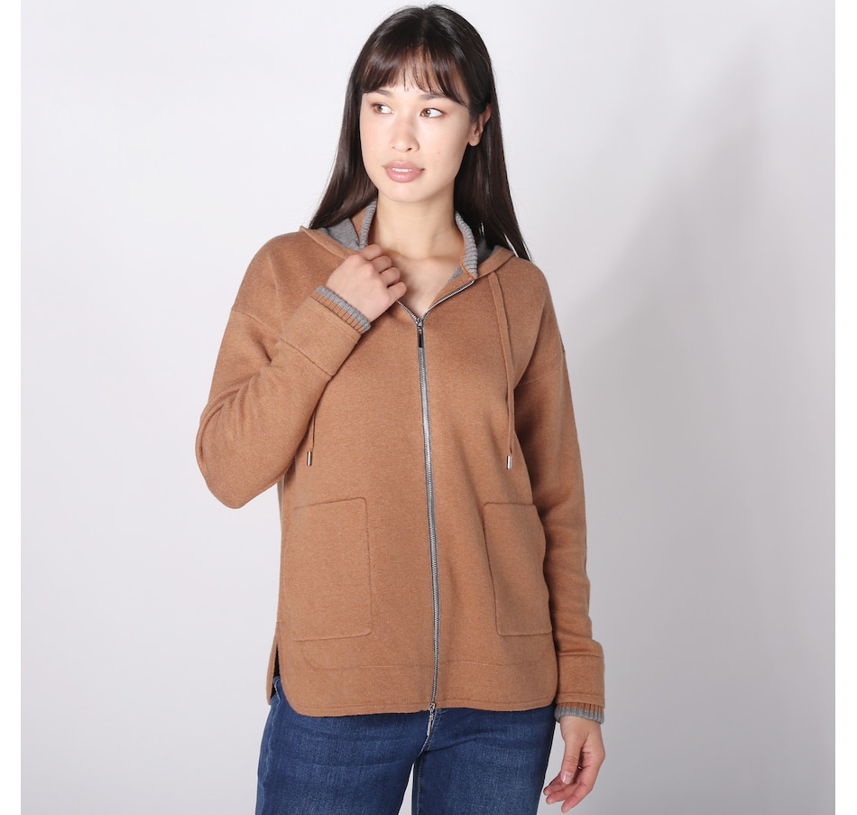 Image 225664_CMGRY.jpg, Product 225-664 / Price $149.88, Lusso Zip Front Hooded Cardi with Contrast Trim from Lusso Cashmere on TSC.ca's Fashion department