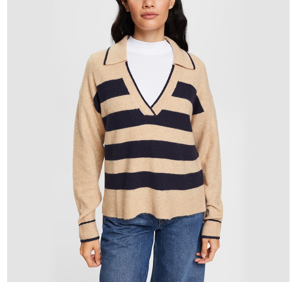 Image 227373_BGE.jpg, Product 227-373 / Price $39.33, Esprit Deep V Striped Polo Sweater from Esprit on TSC.ca's Fashion department