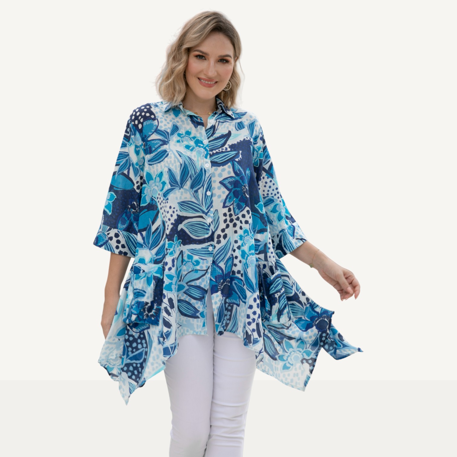 Orange Fashion Village Cotton Button Front Blouse with Sharkbite