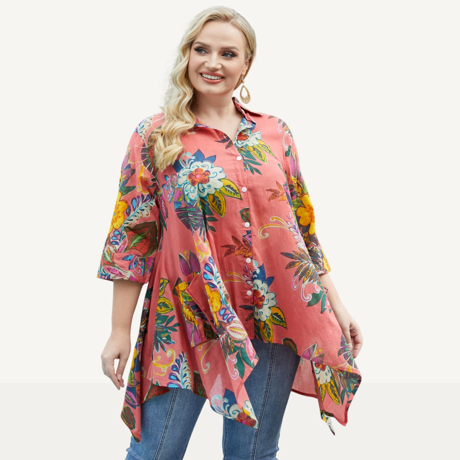 Orange Fashion Village Cotton Button Front Blouse with Sharkbite