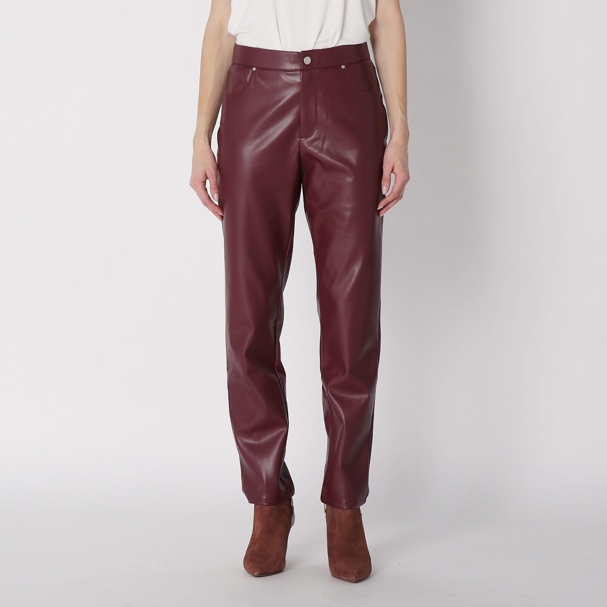 Women's Leather Trousers Jeans, luxury quality (waist 34in/Tan & Burgundy)  - Tout Ensemble