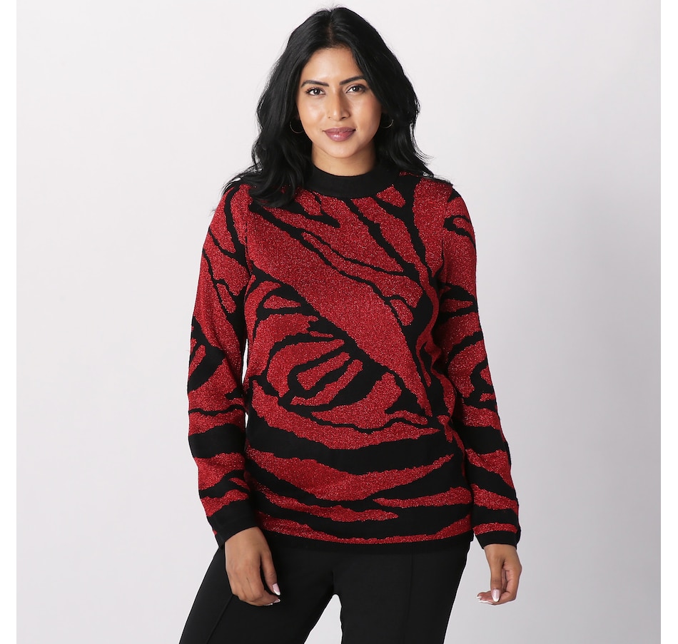 Image 227913_BKRE.jpg, Product 227-913 / Price $19.33, Nina Leonard Mock Neck Pattern Lurex Sweater from Nina Leonard on TSC.ca's Fashion department