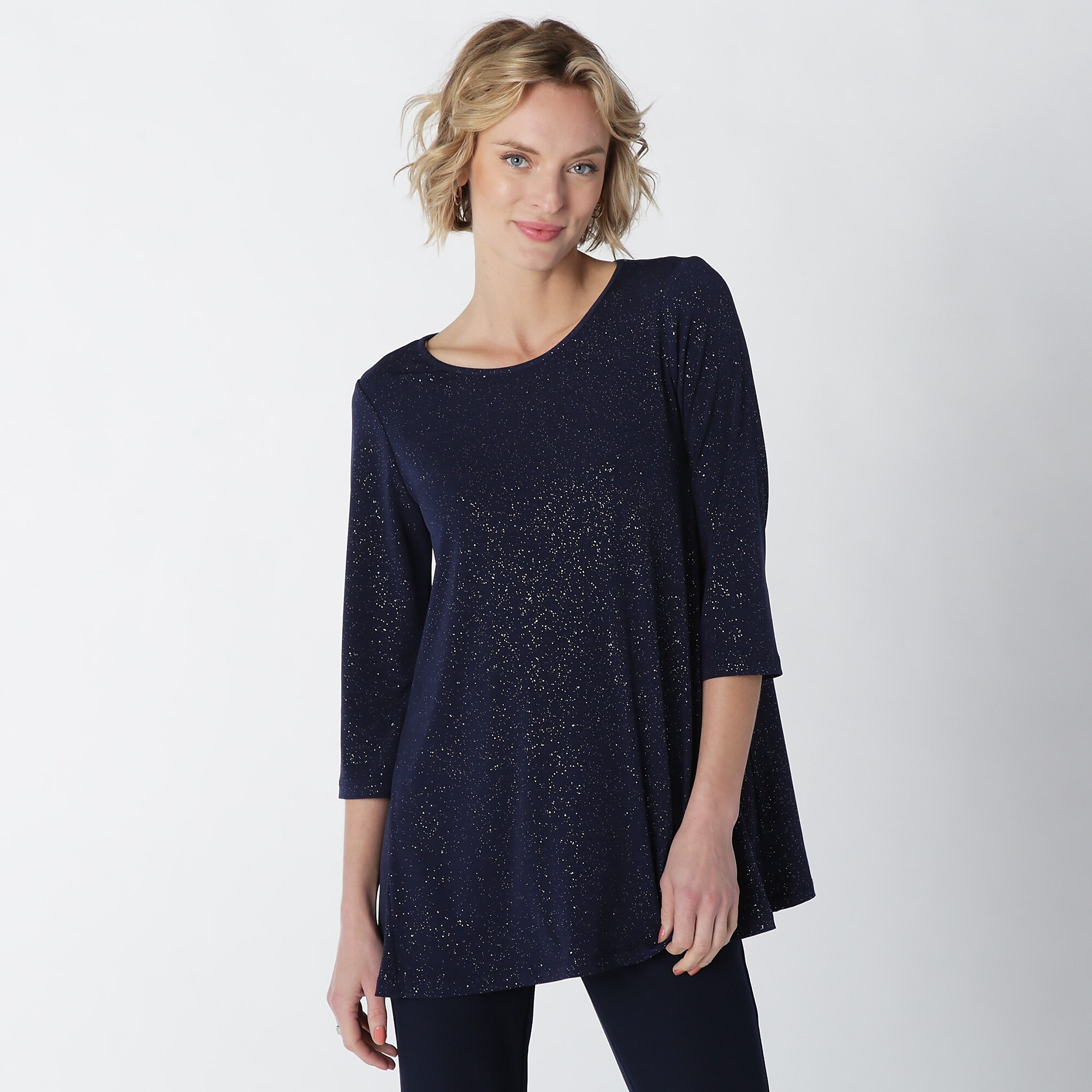 Kim & Co. Galaxy Foil Brazil Knit 3/4 Sleeve Swing Tunic