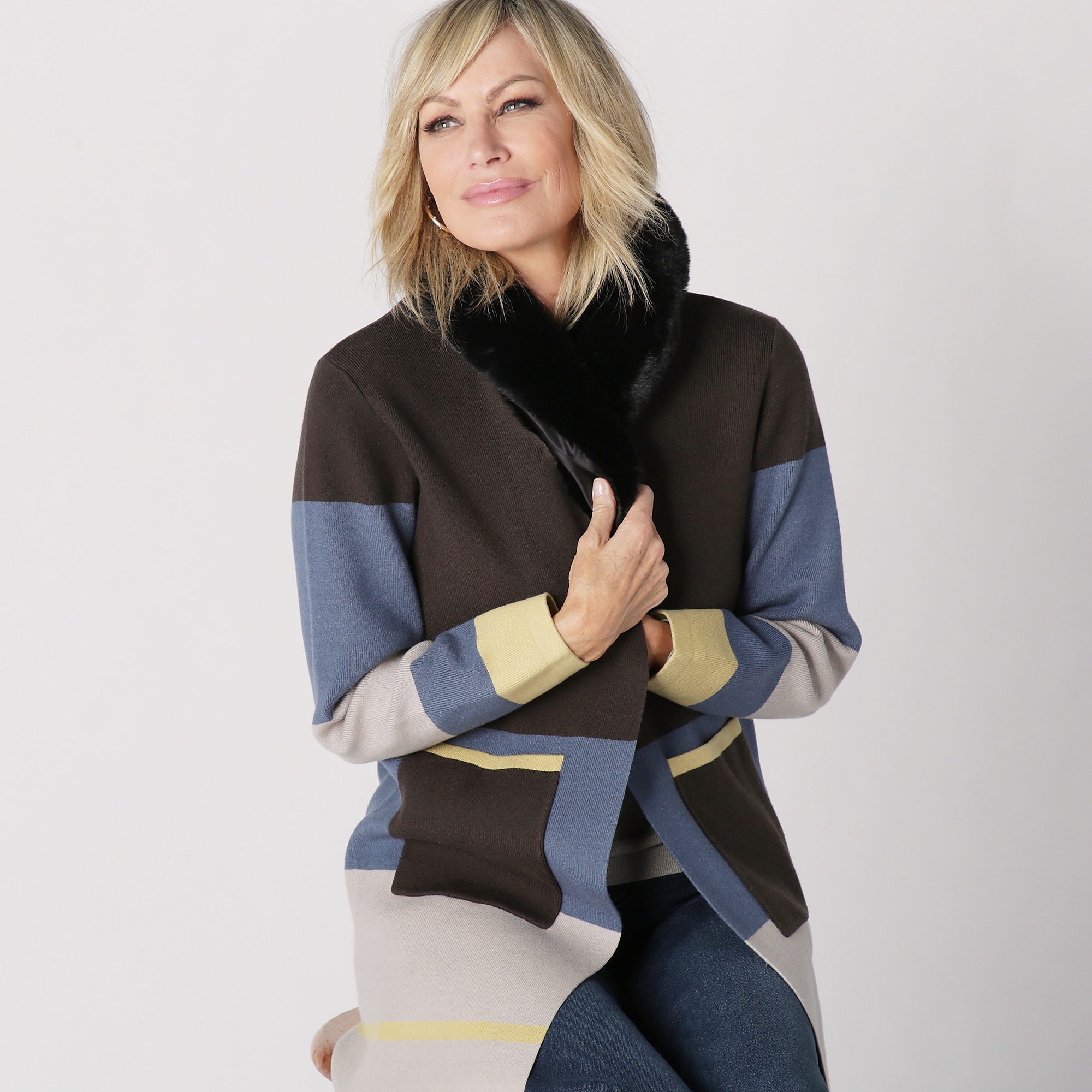 Brian Bailey Knit Colour Block Cardigan Coat With Removable Faux Fur Collar