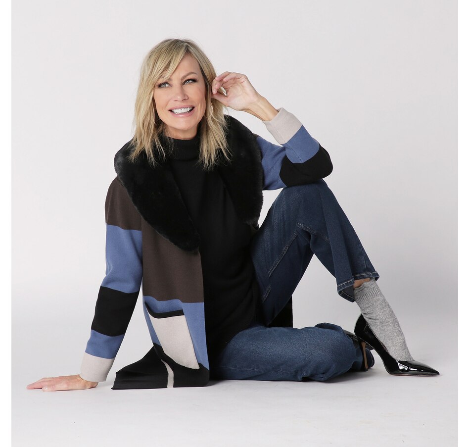Image 228021_OLBLU.jpg, Product 228-021 / Price $54.33, Brian Bailey Knit Colour Block Cardigan Coat With Removable Faux Fur Collar from Brian Bailey on TSC.ca's Clothing & Shoes department