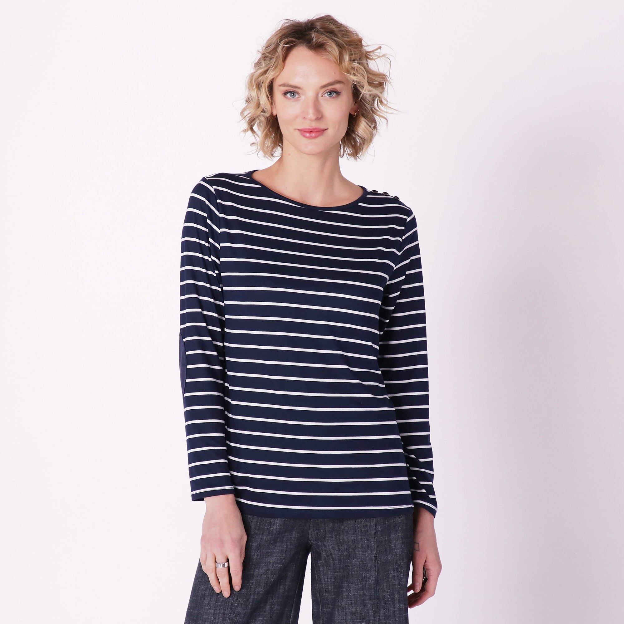 Guillaume Stripe Pullover Top With Elbow Patch Detail