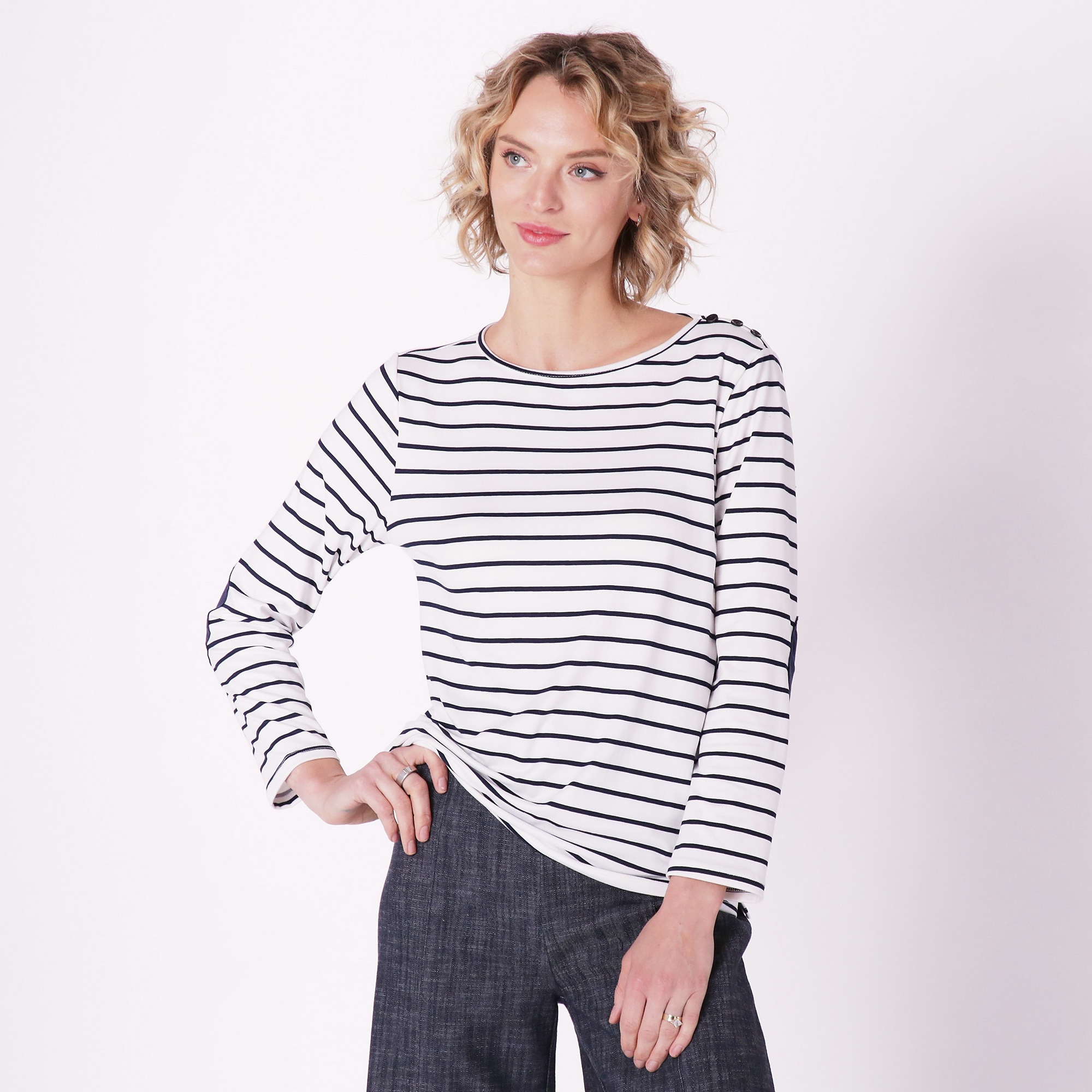 Guillaume Stripe Pullover Top With Elbow Patch Detail