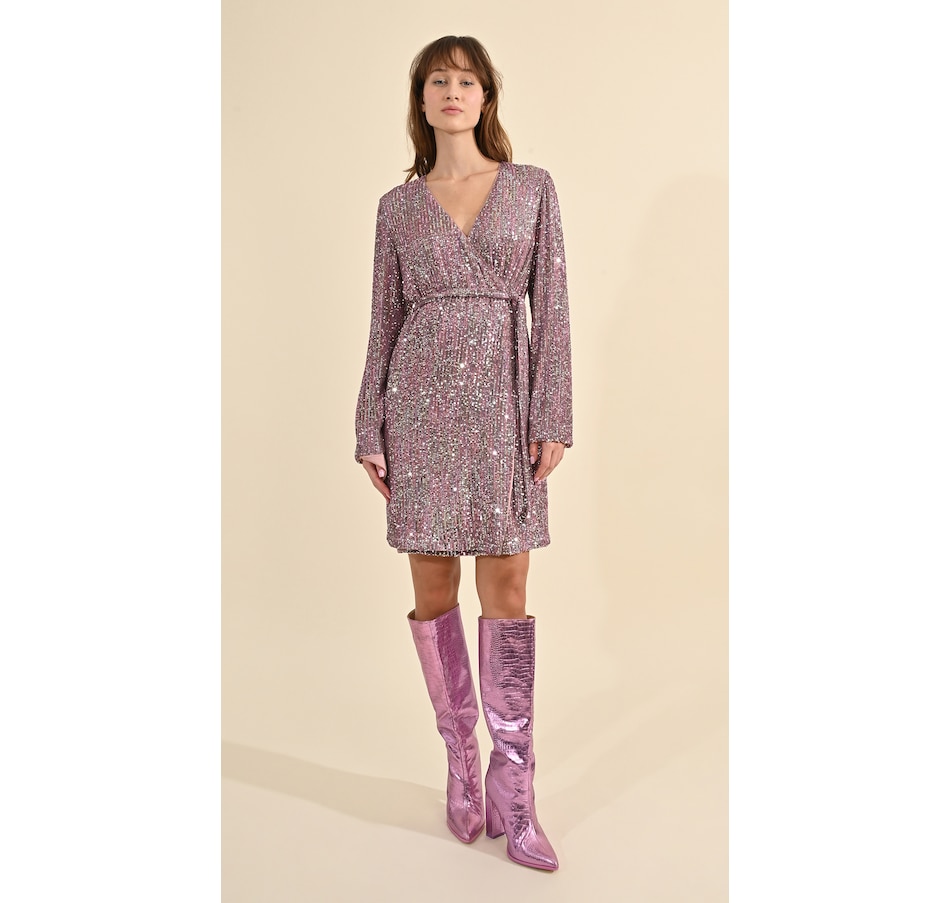 Image 231668_LLC.jpg, Product 231-668 / Price $99.88, Molly Bracken V-Neck Long Sleeve Sparkle Dress with Belt from Molly Bracken on TSC.ca's Fashion department