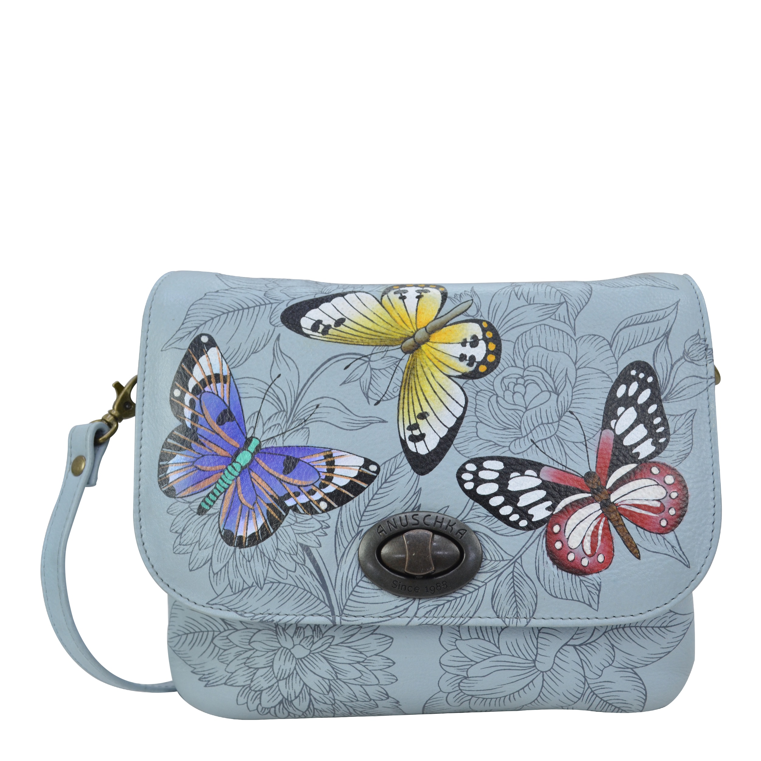 Anuschka Hand Painted Leather Handbag Nature Butterfly Floral Crossbody  Purse