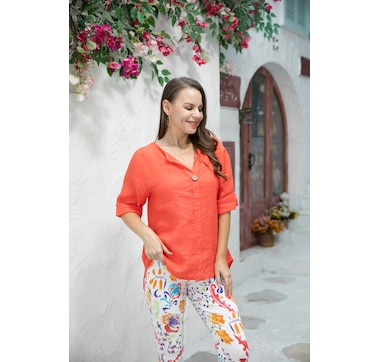 Orange Fashion Village Linen Roll Sleeve Top