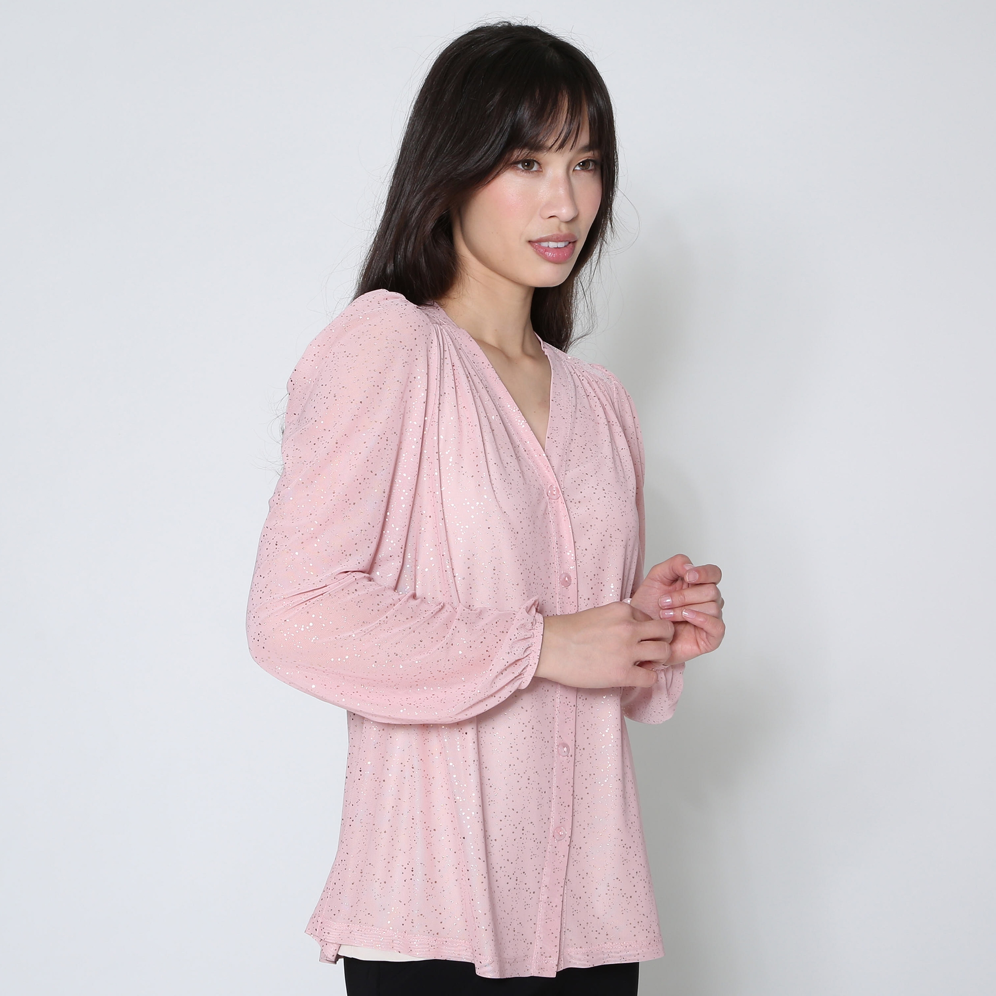 Kim & Co. Foil Stretch Mesh Long Blouson Sleeve Blouse - TSC.ca