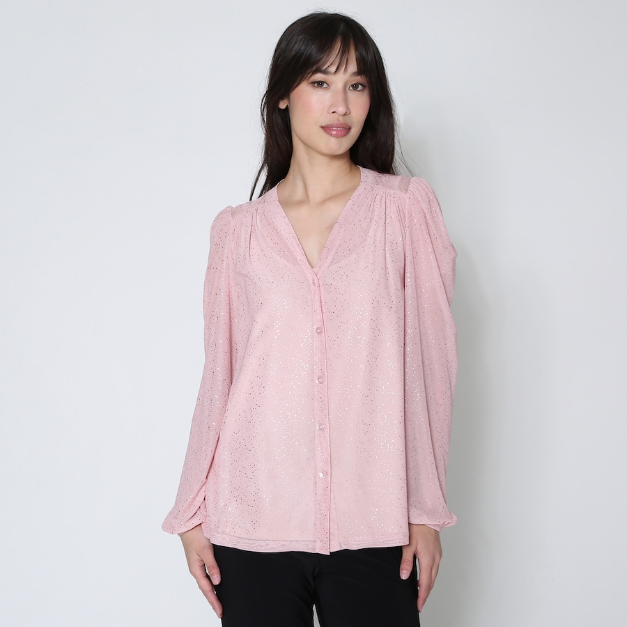 Image 232341_ARO.jpg, Product 232-341 / Price $14.33, Kim & Co. Foil Stretch Mesh Long Blouson Sleeve Blouse from Kim & Co. on TSC.ca's Fashion department