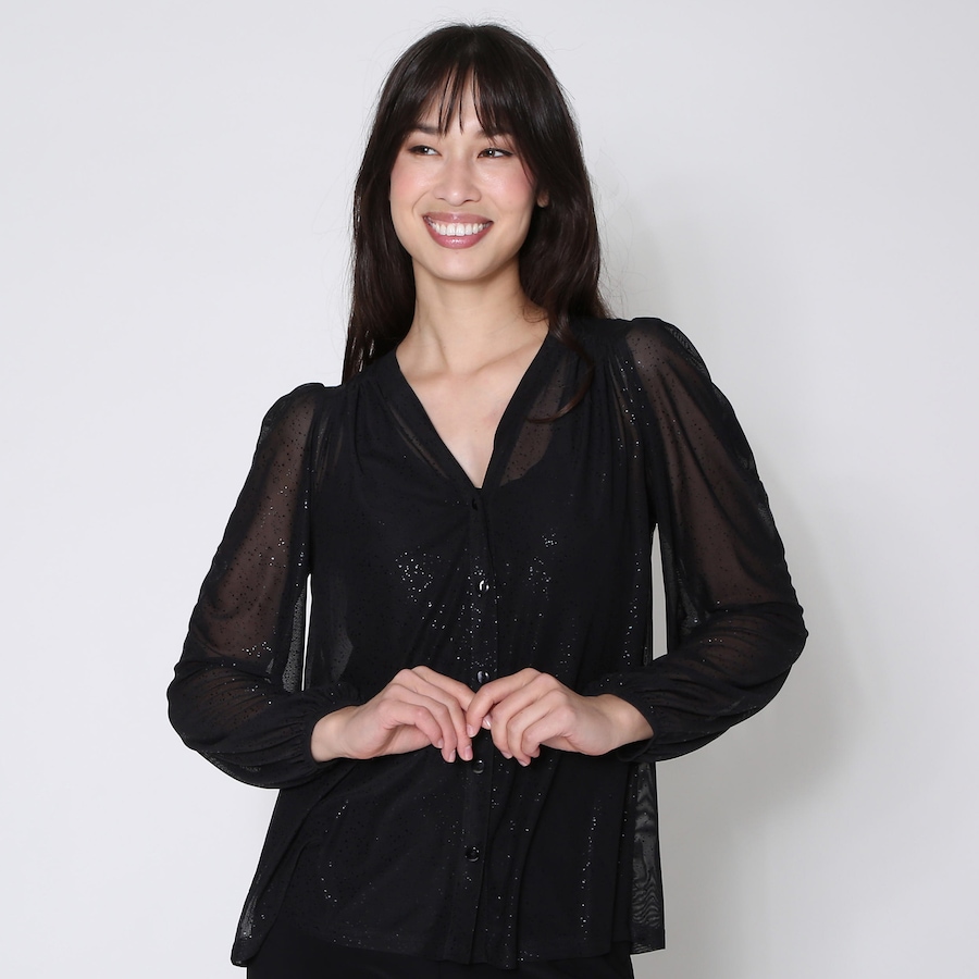Image 232341_BLK.jpg, Product 232-341 / Price $14.33, Kim & Co. Foil Stretch Mesh Long Blouson Sleeve Blouse from Kim & Co. on TSC.ca's Fashion department