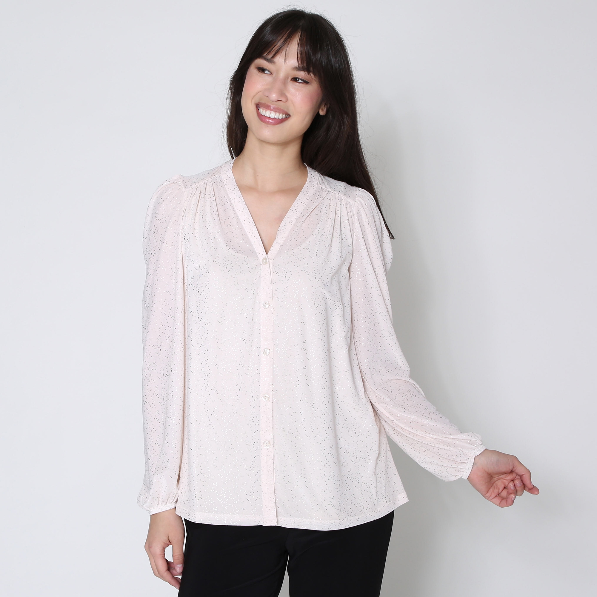 Kim & Co. Foil Stretch Mesh Long Blouson Sleeve Blouse - TSC.ca