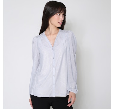 Kim & Co. Foil Stretch Mesh Long Blouson Sleeve Blouse