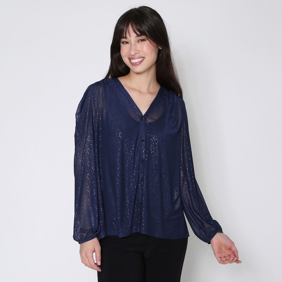 Image 232341_NVY.jpg, Product 232-341 / Price $14.33, Kim & Co. Foil Stretch Mesh Long Blouson Sleeve Blouse from Kim & Co. on TSC.ca's Fashion department