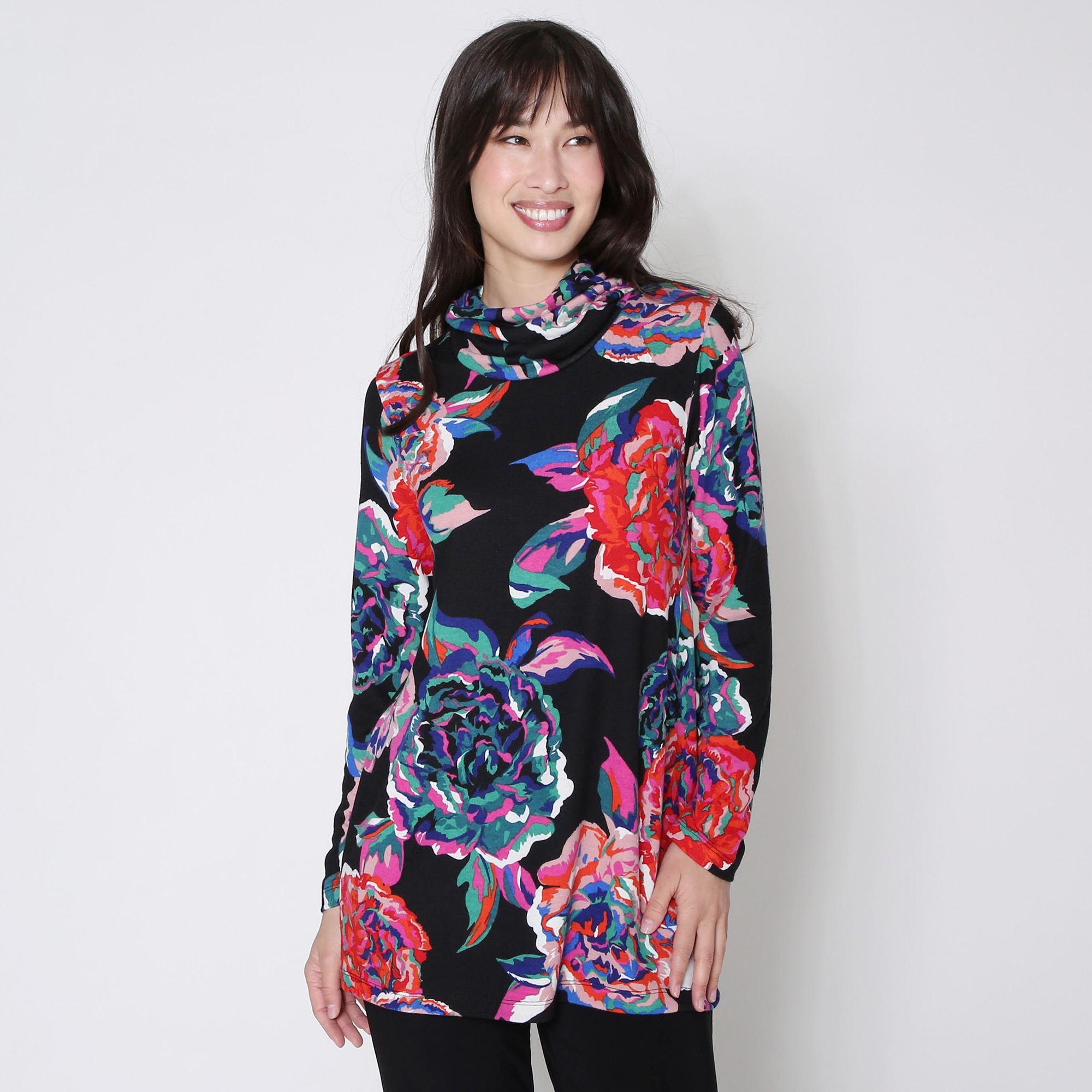 Kim & Co. Printed Soft Touch Long Sleeve Cowl Neck Tunic